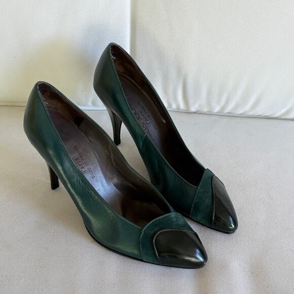 Charles Jourdan Vintage Heels 6 Green Leather Suede Pumps Dark Academia Prep - Picture 6 of 9
